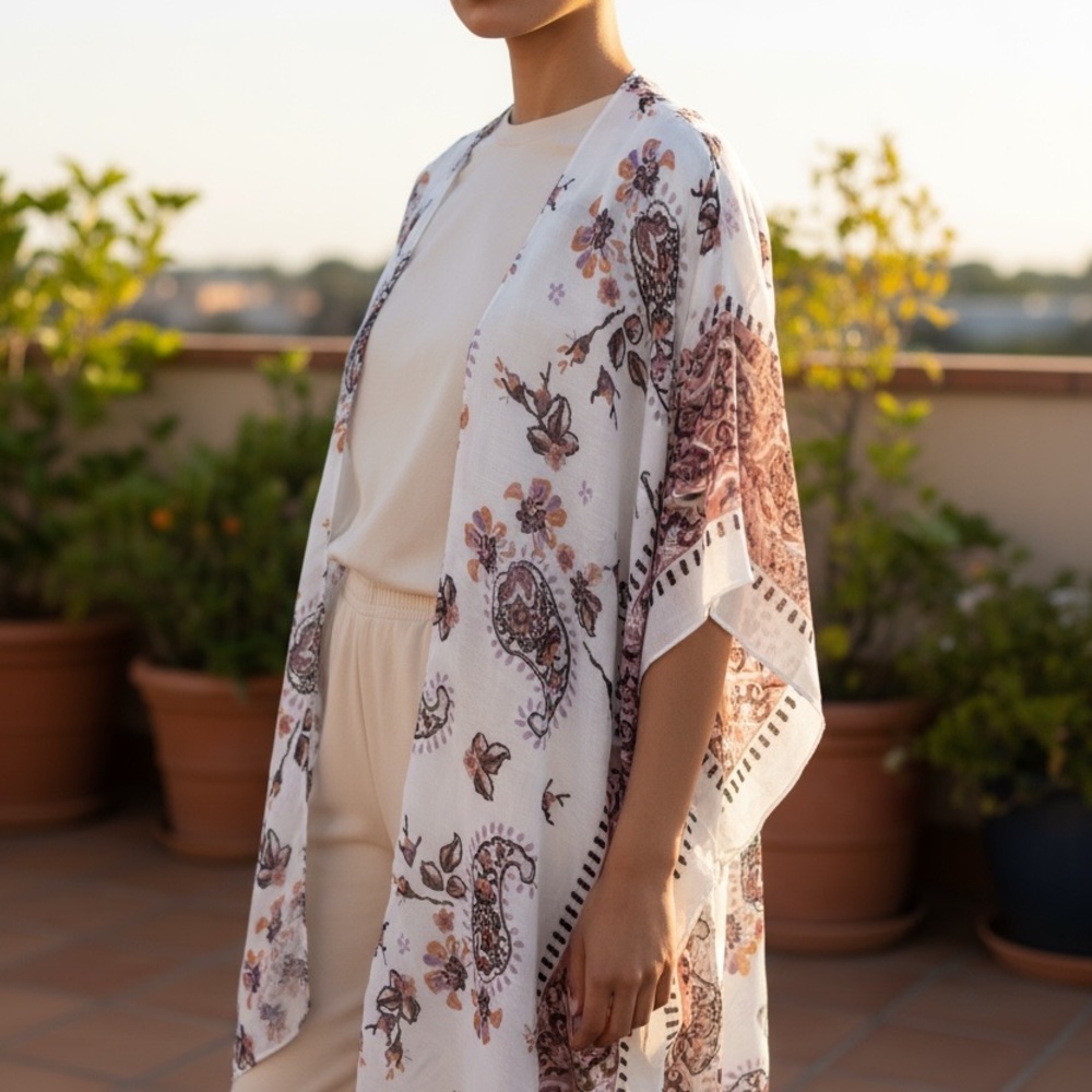 Asymmetrical White and Burgundy Kimono Top Relaxed Fit